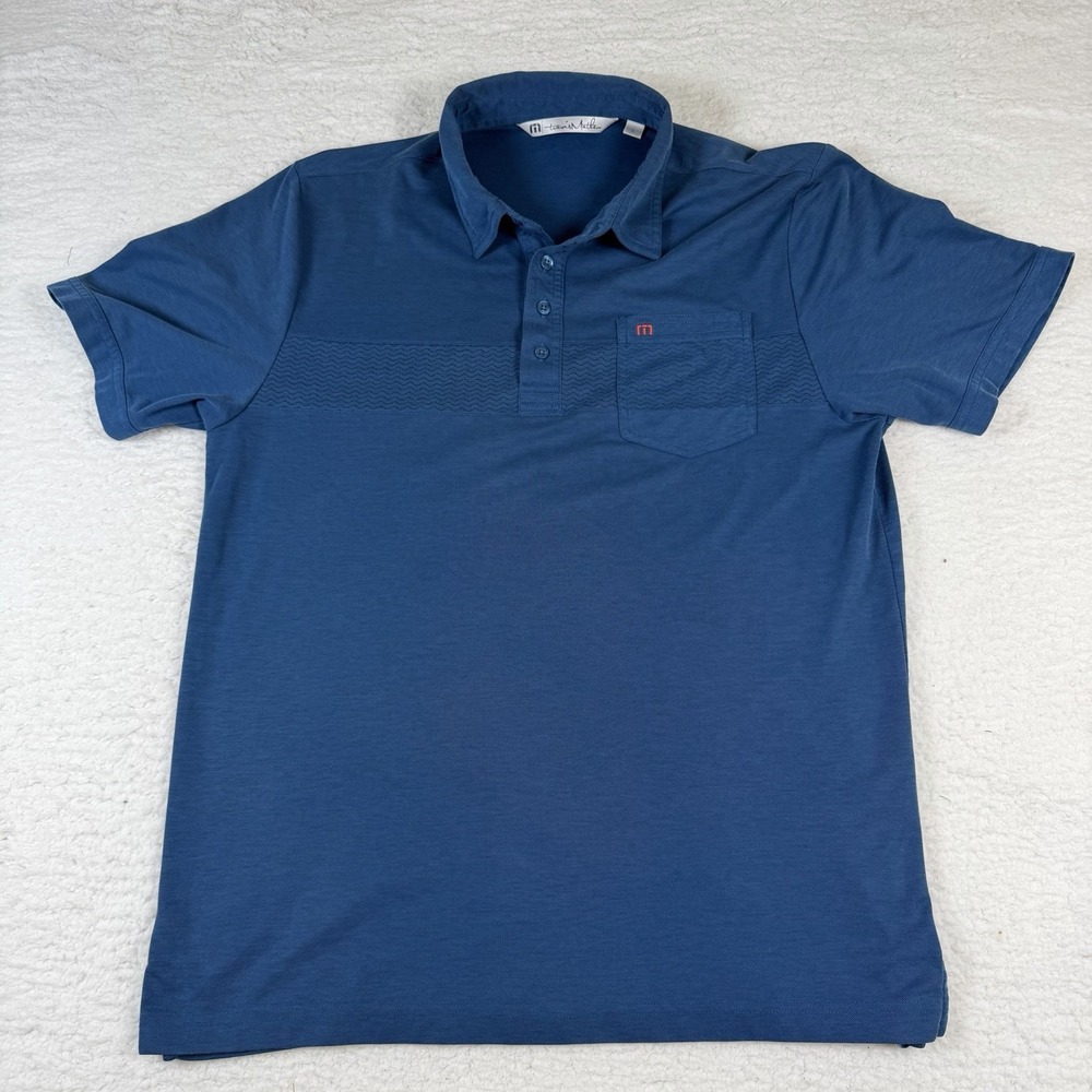 TravisMathew Polo Mens Large Blue Pocket Golf Shirt Wave Stripe Red Logo